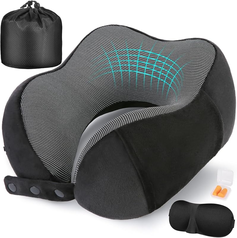 Cirorld Neck Pillow with 100% memory foam, portable, includes eye mask