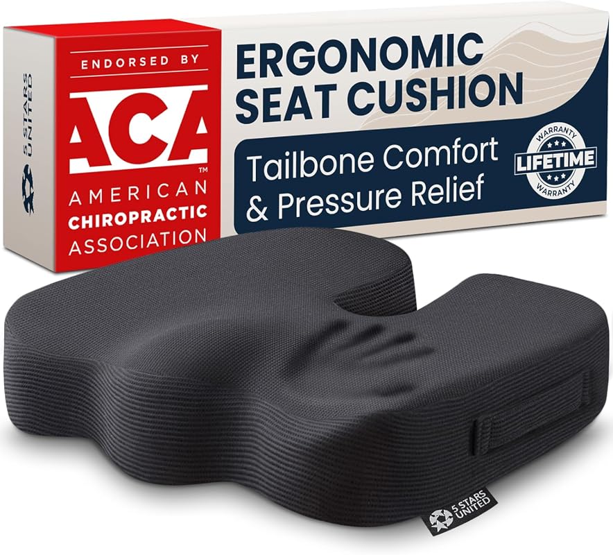 5 STARS UNITED Ergonomic Memory Foam Seat Cushion for Tailbone, Sciati