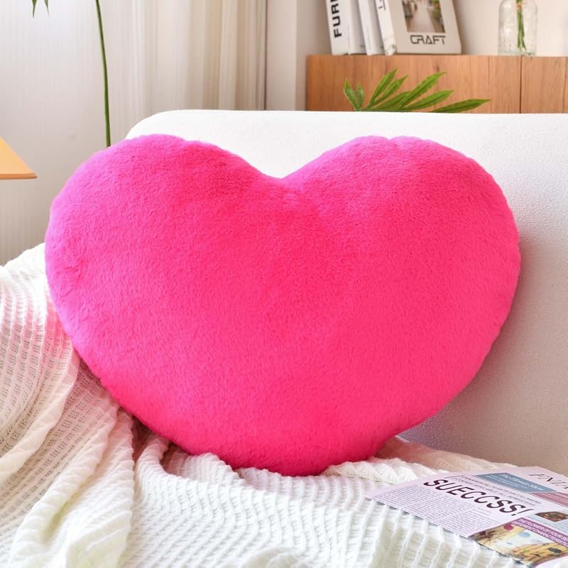 XVTRU Hot Pink Heart Pillow, Soft Faux Rabbit Fur Plush Decorative Cus