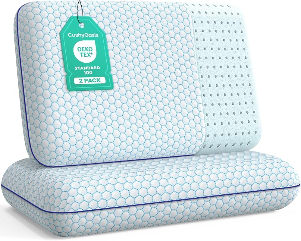 CushyOasis Bed Pillows – Memory Foam, Blue Standard Size, Soft & Suppo