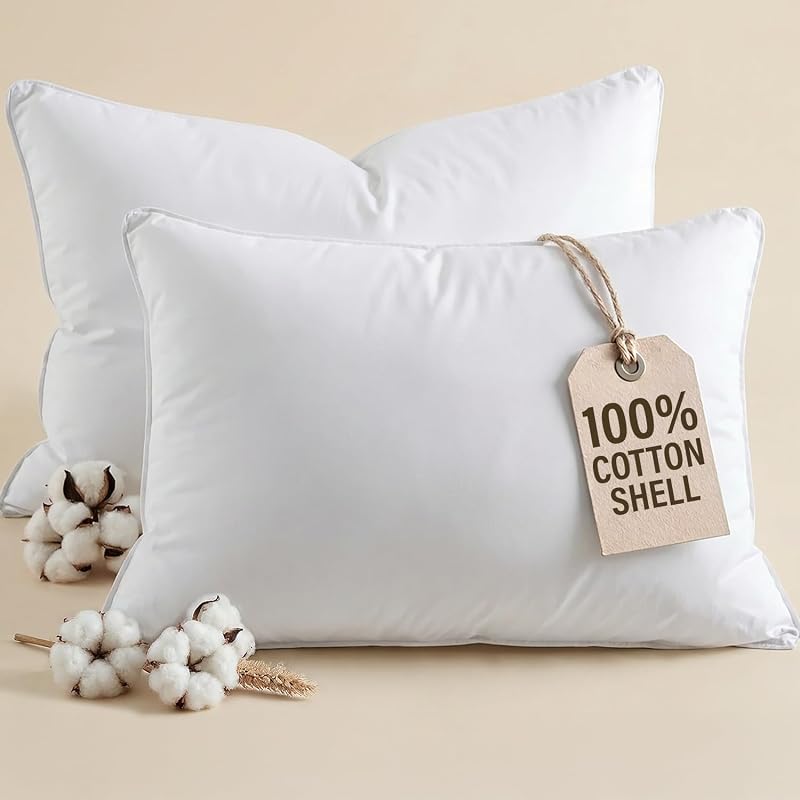 Cotton bed pillows queen size set of 2, breathable cover, soft down al