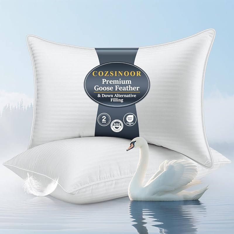 COZSINOOR queen size goose feather pillows set of 2, fluffy support fo